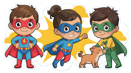 Cartoon Superheroes Team with Their Adorable Dog Sidekick Ready for Adventure and Excitement Illustration
