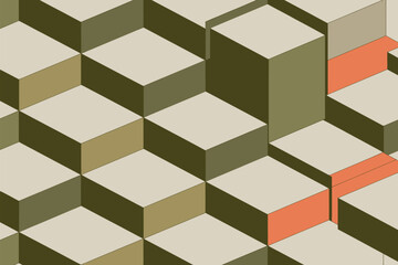 Obraz premium Isometric view of beige and green cubes with a few orange cubes creating a geometric pattern design