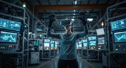 Naklejka premium Woman in VR headset engaging with virtual environment for industrial training in a factory.