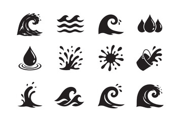 Naklejka premium Bundle of black silhouette of ocean wave or water drop, splash logo icon symbol