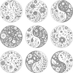 Set of nine yin-yang symbols with floral decorations, combining botanical elements and harmony in black and white design style