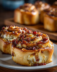 A close-up of golden-brown, plump, pulled cheese rolls with melted cheddar and Parmesan cheese on top, topped with fresh herbs like basil or oregano for depth of flavor