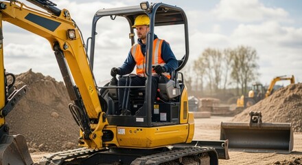 Skilled heavy equipment operator driving a compact excavator on a construction job site
