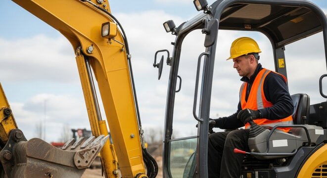 Focused construction worker in safety gear operating a powerful excavator at a job site