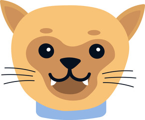 Cartoon illustration of a happy cat face with blue collar, showing teeth and whiskers, isolated on white background, ideal for children book illustrations, pet shop logo and animal themes