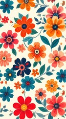 Joyful Retro Floral Tapestry with Bold Red Orange and Teal Flowers.