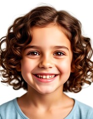 Close-up portrait of smiling curly girl with bright eyes on white background