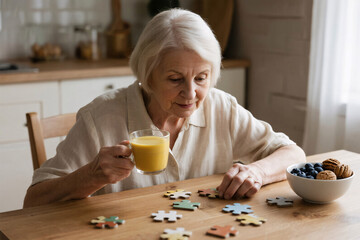 Senior woman enjoying cozy wellness moment, solving puzzle and drinking turmeric latte in sunlit kitchen with healthy snacks, promoting cognitive support and mindfulness