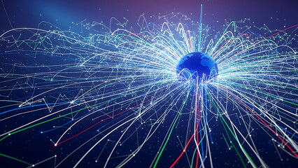 A digital globe surrounded by flowing lines and dots against a dark blue and purple gradient background