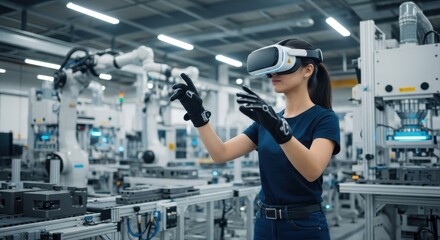 Engineer in a virtual reality headset managing robotic arms for assembly in a smart factory