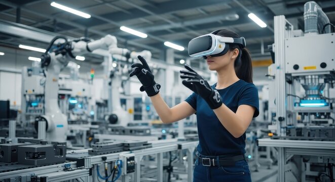 Engineer in a virtual reality headset managing robotic arms for assembly in a smart factory