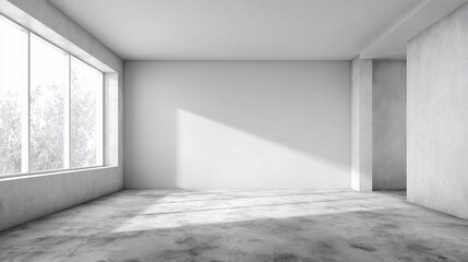 Obraz premium Interior view of an empty room with a large window and concrete floor