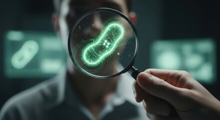 Scientist inspecting holographic bacteria with a magnifying glass in a futuristic laboratory