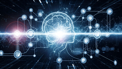 Illuminated human head outline connected to nodes in a network with bright light in the center brain