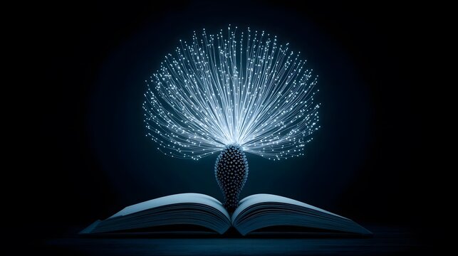 Holographic knowledge galaxy: Floating data particles forming book shapes with translucent interface panels displaying cybernetic trees. Blue-silver futuristic palette in fluid geometric style for met