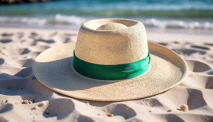 A Stylish Sun Hat with a Green Ribbon Resting on the Sand