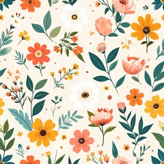 Joyful Spring Meadow Seamless Pattern of Stylized Orange and Peach Flowers.