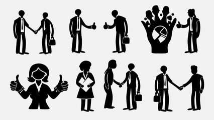 Fototapeta premium Illustration of diverse business people in various poses including handshakes and thumbs up gestures shown | editable eps vectors silhouette