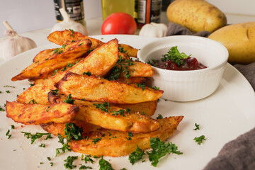 baked potatoes with paprika and garlic, topped with fresh parsley and rich tomato sauce an irresistible homemade dish served fresh from the oven.