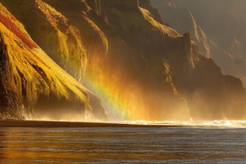 Golden rainbow over coastal cliffs