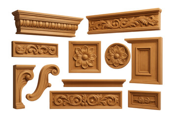 Collection of ornate carved wood moldings and panels featuring floral and scroll designs on transparent background.