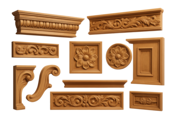 Collection of ornate carved wood moldings and panels featuring floral and scroll designs on transparent background.