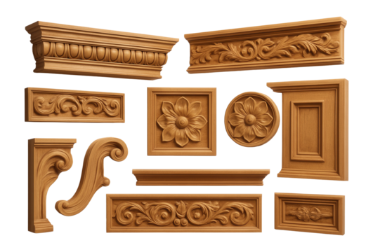 Collection of ornate carved wood moldings and panels featuring floral and scroll designs on transparent background.