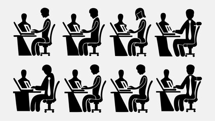 Illustration showing multiple people sitting at desks working on laptops in a professional setting office space | editable eps vectors silhouette