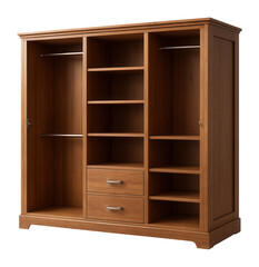 Spacious wooden wardrobe with open shelves, hanging rods, and drawers for versatile storage organization on transparent background.