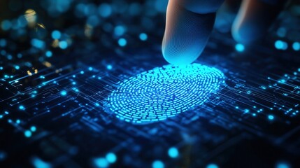 Tapping your finger on a glowing digital fingerprint scanner in a futuristic interface featuring biometric authentication, cybersecurity, and digital identity protection technology