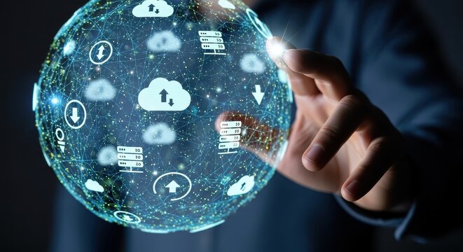 Hand touching a glowing digital sphere with cloud computing icons and a global data network.