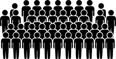 Illustration of a large group of stick figure people arranged in rows against a white background view from front | editable eps vectors silhouette