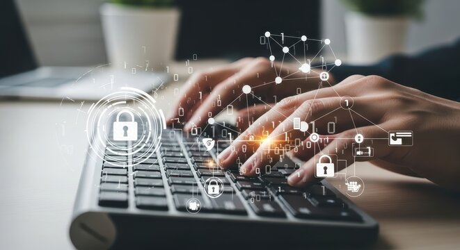 User typing on keyboard, surrounded by glowing digital security icons and secure network connections.