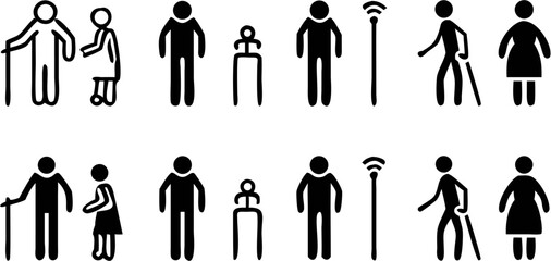 Illustration showing various stick figure people including elderly and disabled individuals in black and white | editable eps vectors silhouette