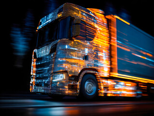 Futuristic LED-lit truck speeding through darkness at night