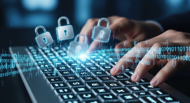 Cybersecurity in Action Hands on Keyboard, Binary Digits, and Secure Padlocks in Digital World