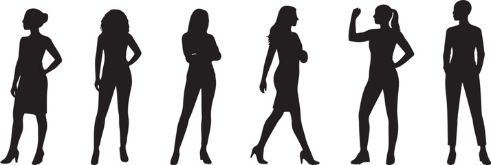 Confident Woman Silhouette Collection – Diverse Female Poses and Fashion Styles in Minimalist Black