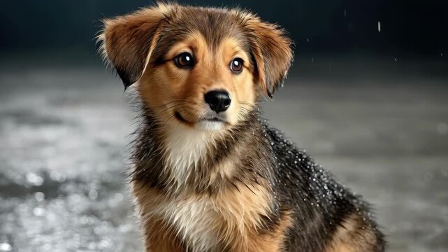 Cute wet dog with shiny fur looking curiously at the camera in a soft natural light setting, perfect for pet photography