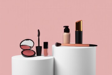 Make up products prsented on white podiums on pink pastel background