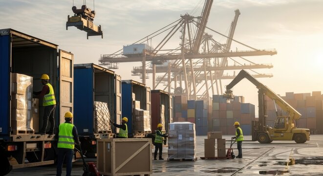 Logistics team loading freight into delivery trucks at an industrial container terminal dock - Powered by Adobe