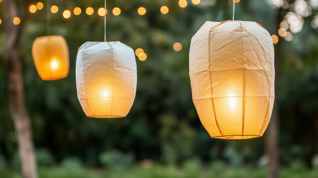 Colorful paper lanterns illuminate serene outdoor setting, creating warm and inviting atmosphere
