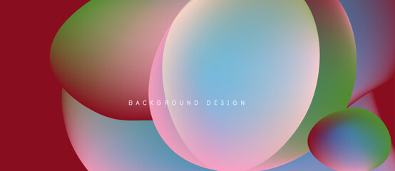 Abstract fluid shapes overlap, creating vibrant color gradients. Red background provides contrast. Modern design element.