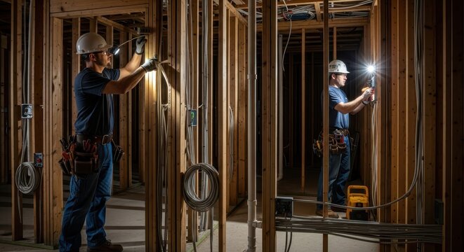 Electricians working on wiring inside a new residential home construction, with open walls