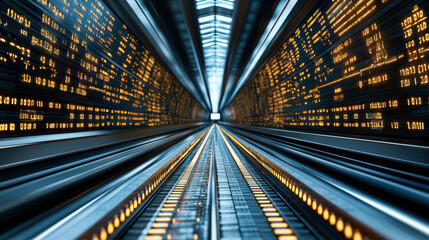 Digital tunnel with glowing data streams and binary code creates futuristic atmosphere