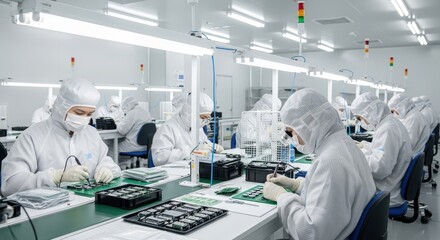 Factory Workers Assembling Electronics in Sterile Environment on Clean Production Line
