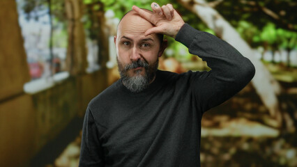 Bald man with beard playfully making loser gesture on urban street with arched pathways and dappled sunlight through trees on a bright day.
