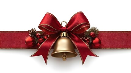 Festive Christmas decoration featuring a golden bell with a red bow and ornaments against a white background
