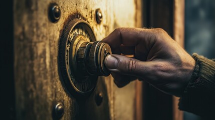 An antique bank safe with a manually rotating combination lock and a worn metal surface creates an atmosphere of security and secrecy. Close-up of a hand and an old safe
