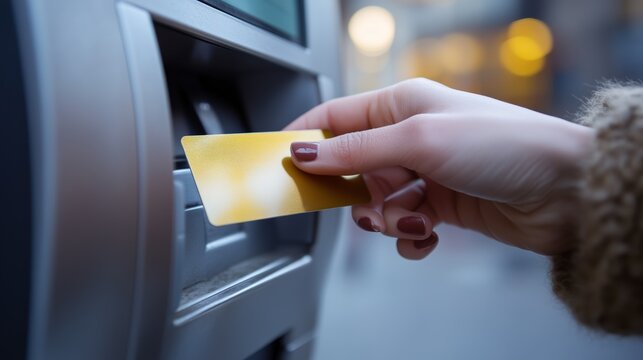a woman inserting a gold credit card into an ATM.Close-up of a woman inserting a gold credit card into an ATM, symbolizing banking operations, cash withdrawals and modern financial technology