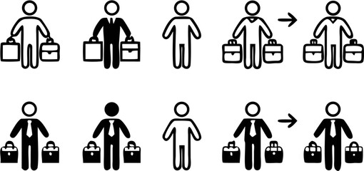 Illustration showing stick figures in various stages of business attire and carrying briefcases in black and white | editable eps vectors